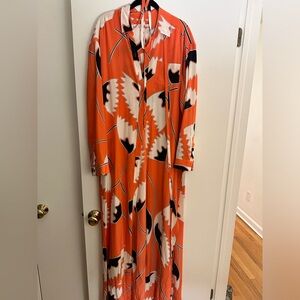 DVF size 8 silk button down maxi with tie at the waist- Coral color